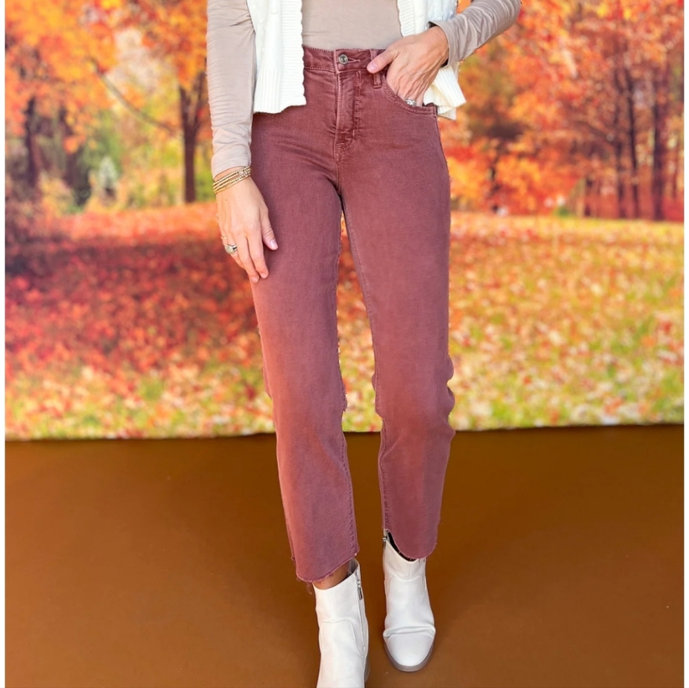 High-Rise Ankle Cropped Jeans in a light wine color